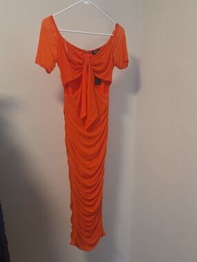 privy Bright Orange Tie-Front Ruched Maxi Dress